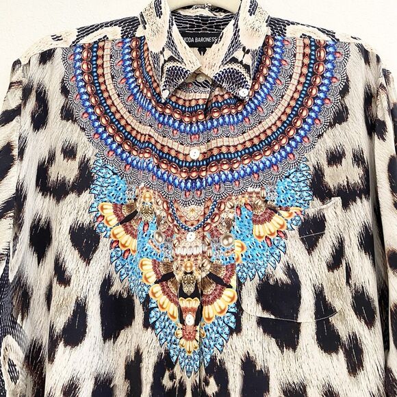 Moda Baronessa Button Up Blouse Multicolor Animal Print 100% Silk Small Tunic - Picture 2 of 10